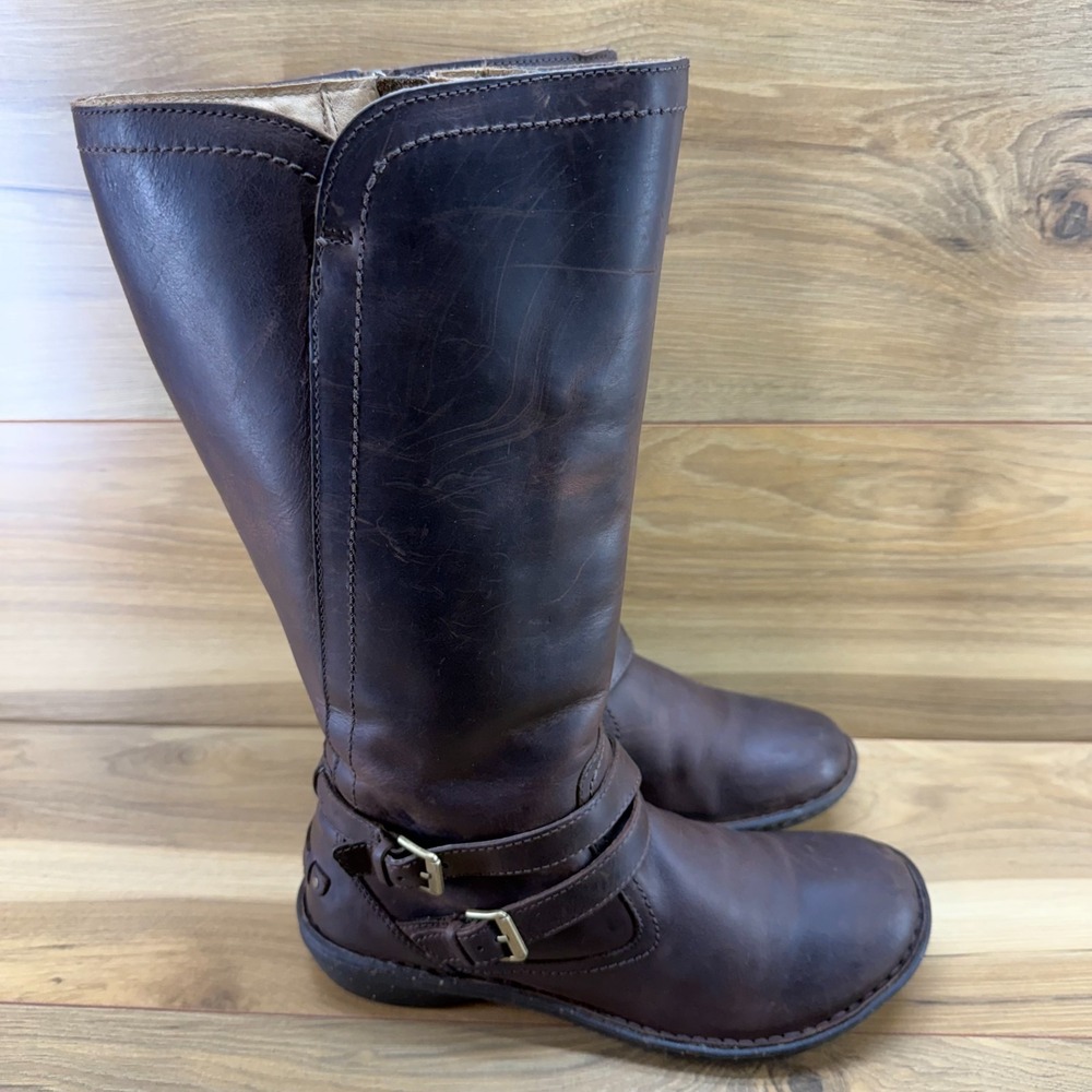 UGG Rosen Tall Brown Leather Boots Womens 10 Buckle Fall Sherpa Fur Lined Cozy